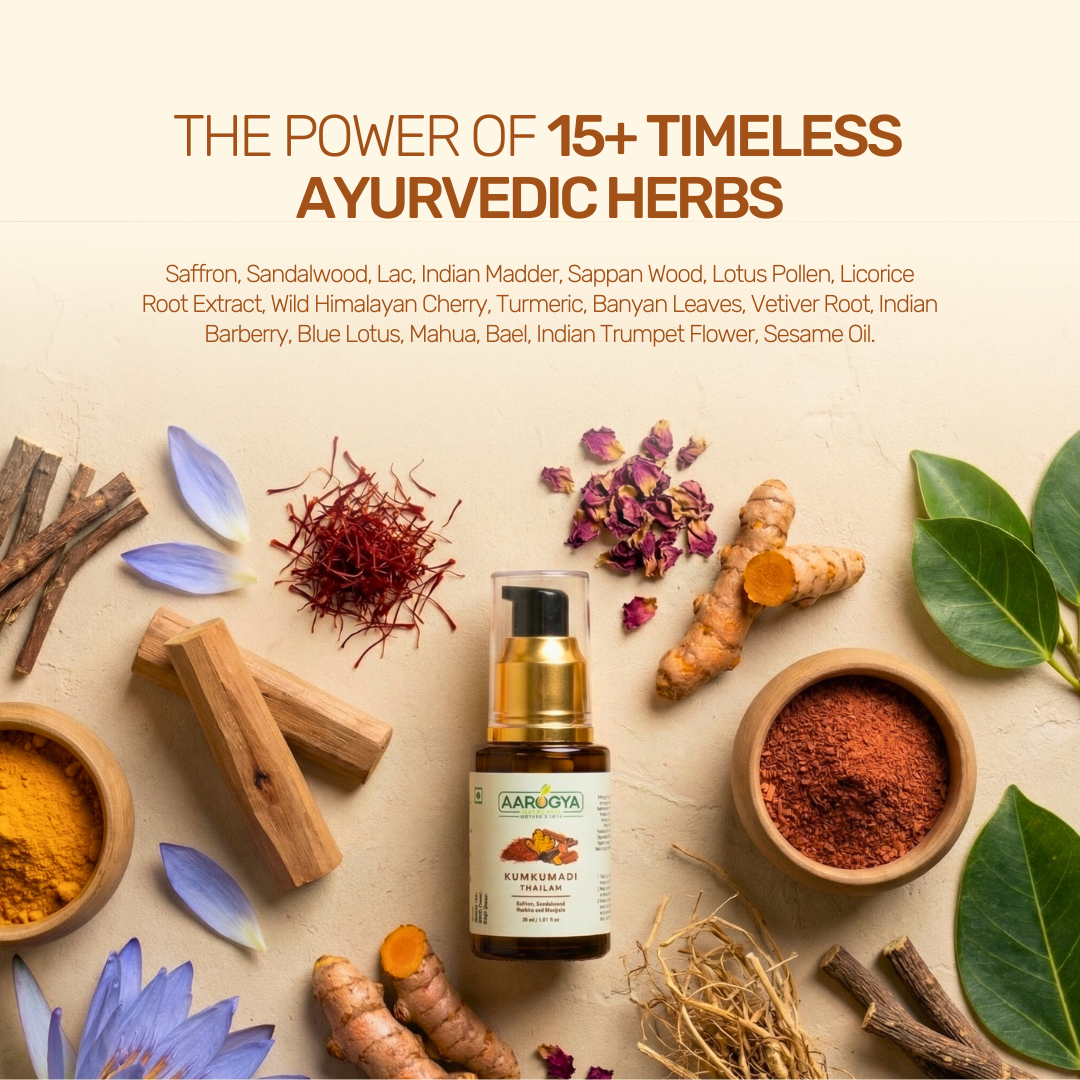 Aarogya Nutri Mix Kumkumadi Thailam with 15+ Ayurvedic herbs – saffron, sandalwood, turmeric, lotus, licorice and blue lotus