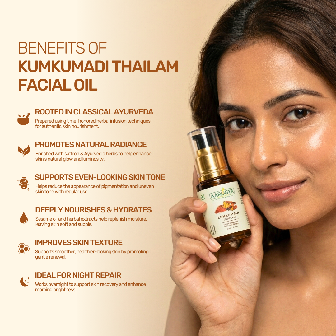 Aarogya Nutri Mix Kumkumadi Thailam Facial Oil benefits – natural radiance, even skin tone, deep hydration, skin texture and night repair
