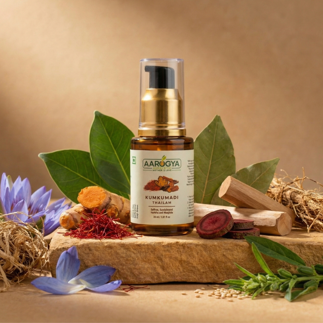 Aarogya Nutri Mix Kumkumadi Thailam 30ml pump bottle with saffron, sandalwood, turmeric, manjistha and Ayurvedic herbs on stone