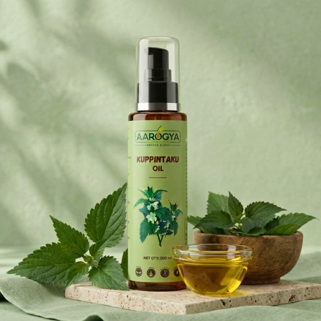 Aarogya Nutri Mix Kuppintaku Oil bottle next to a bowl of herbal oil and fresh green Indian Nettle leaves for skin care.