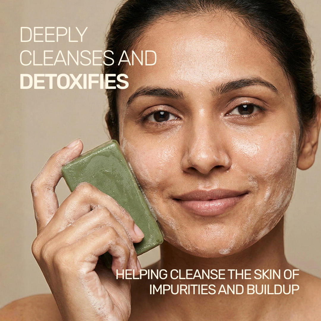 Aarogya Nutri Mix Kuppintaku Soap deeply cleanses and detoxifies – woman applying green herbal soap to cleanse skin impurities and buildup