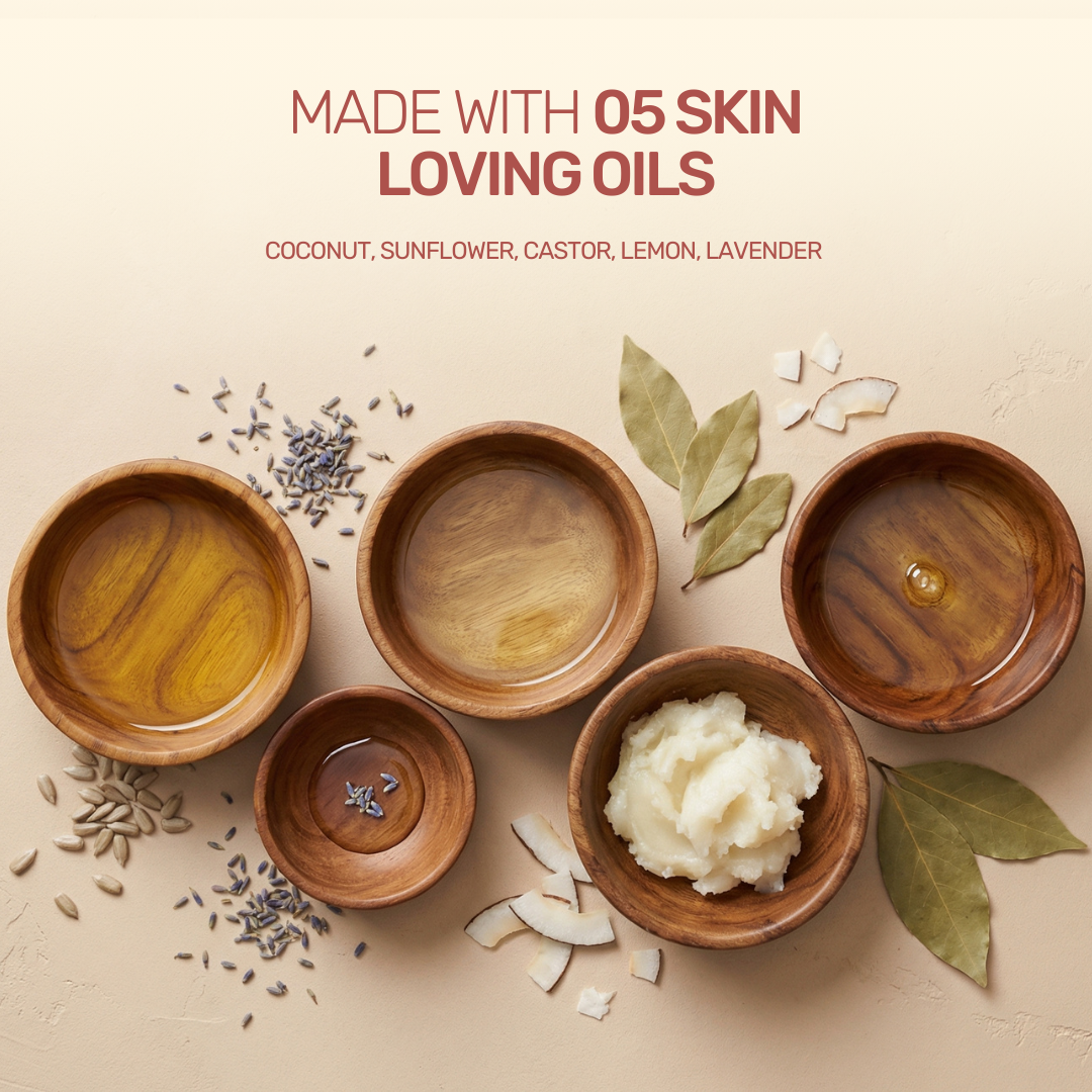 Aarogya Nutri Mix Manjistha Soap made with 5 skin-loving oils – coconut, sunflower, castor, lemon and lavender in wooden bowls
