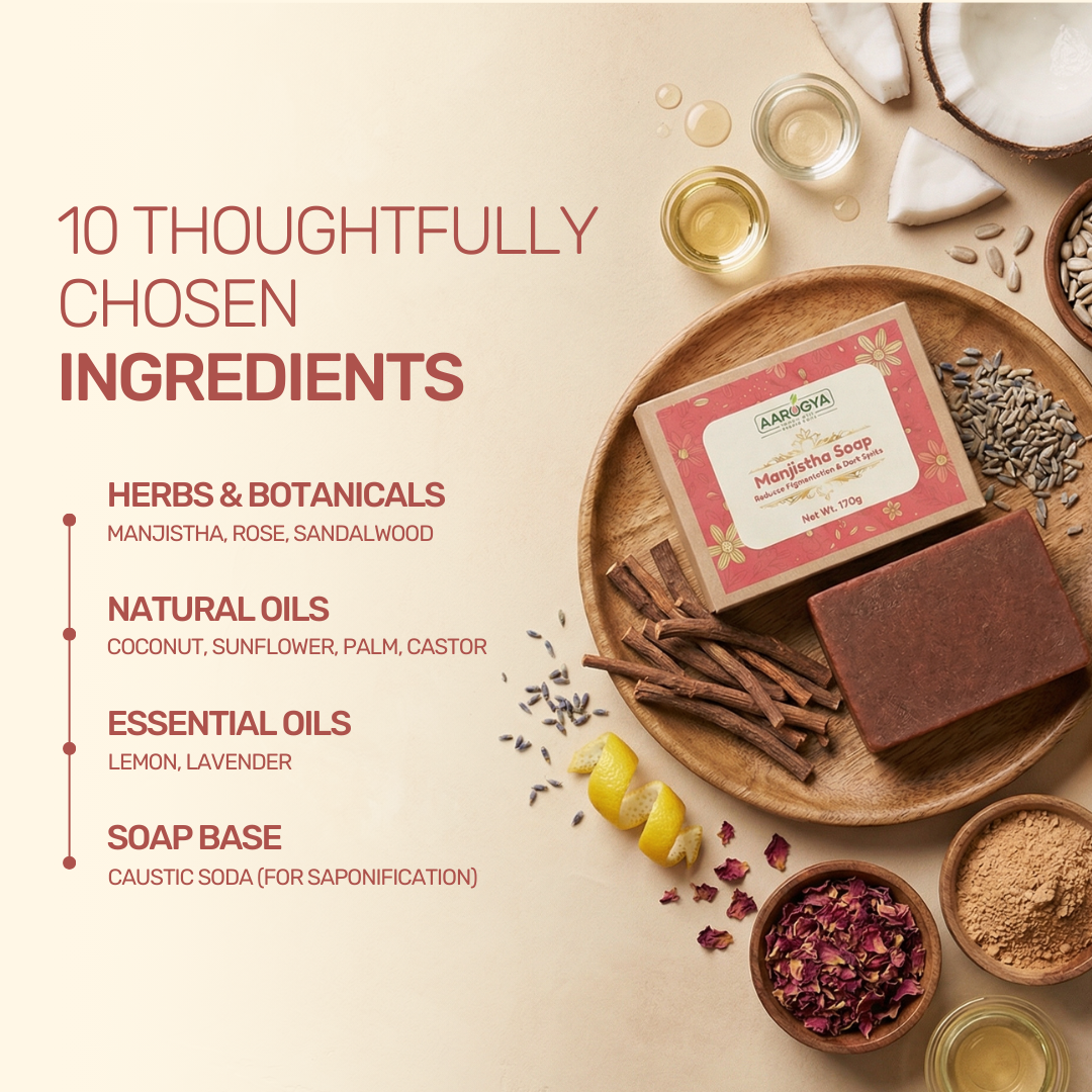 Aarogya Nutri Mix Manjistha Soap 10 natural ingredients – manjistha, rose, sandalwood, coconut oil, lavender and lemon essential oils
