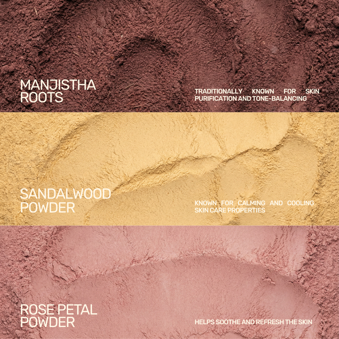 Aarogya Nutri Mix Manjistha Soap key ingredients – manjistha roots for skin purification, sandalwood powder for calming and rose petal powder