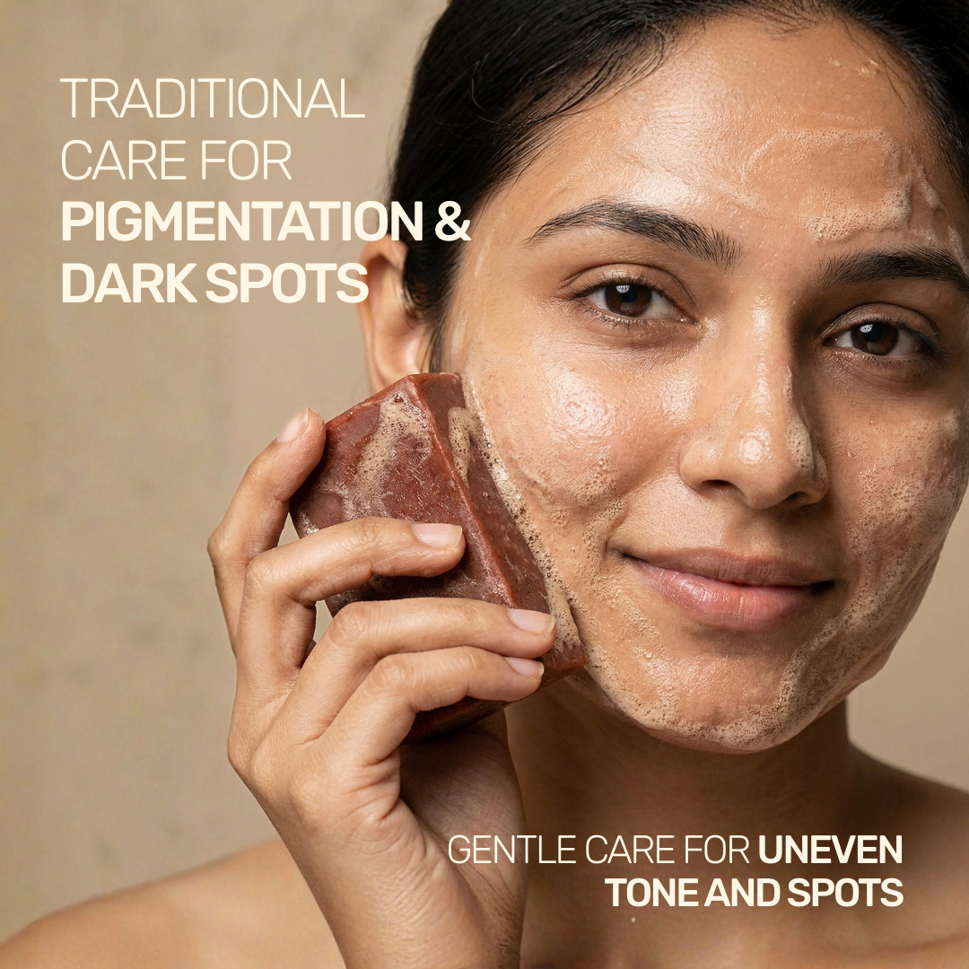 Aarogya Nutri Mix Manjistha Soap for pigmentation and dark spots – woman applying herbal soap for gentle care of uneven skin tone