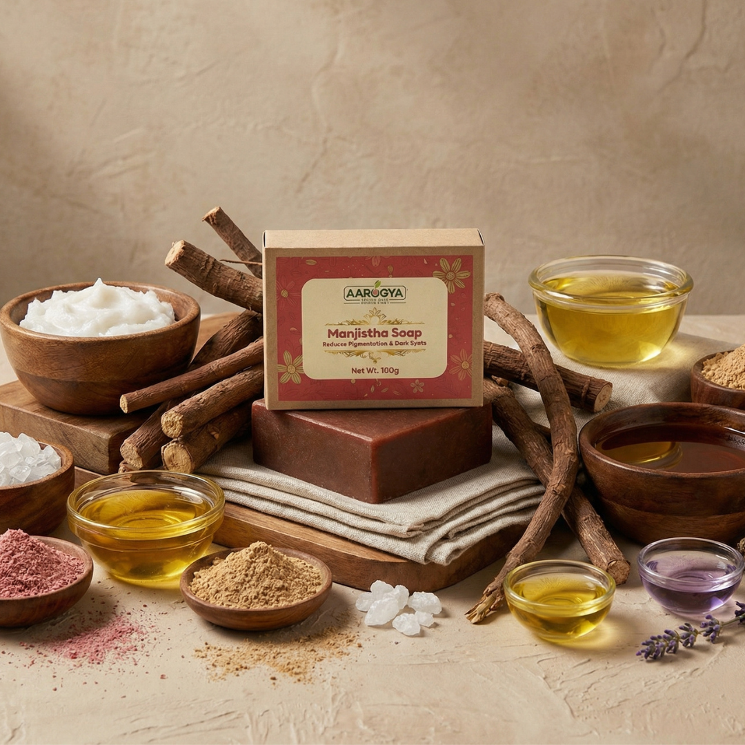 Aarogya Nutri Mix Manjistha Soap 100g for pigmentation and dark spots with manjistha roots, oils, coconut cream and herbal ingredients