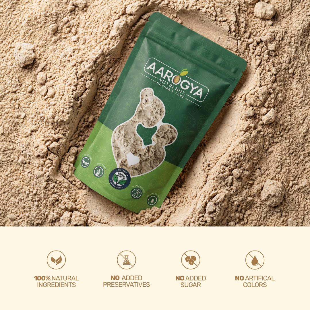 Aarogya Nutri Mix pouch resting on fine health powder, with icons highlighting 100% natural ingredients and no added sugar.