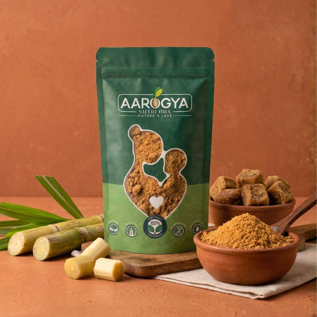 Aarogya Nutri Mix chemical free organic jaggery powder and unrefined jaggery cubes sourced from natural sugarcane.