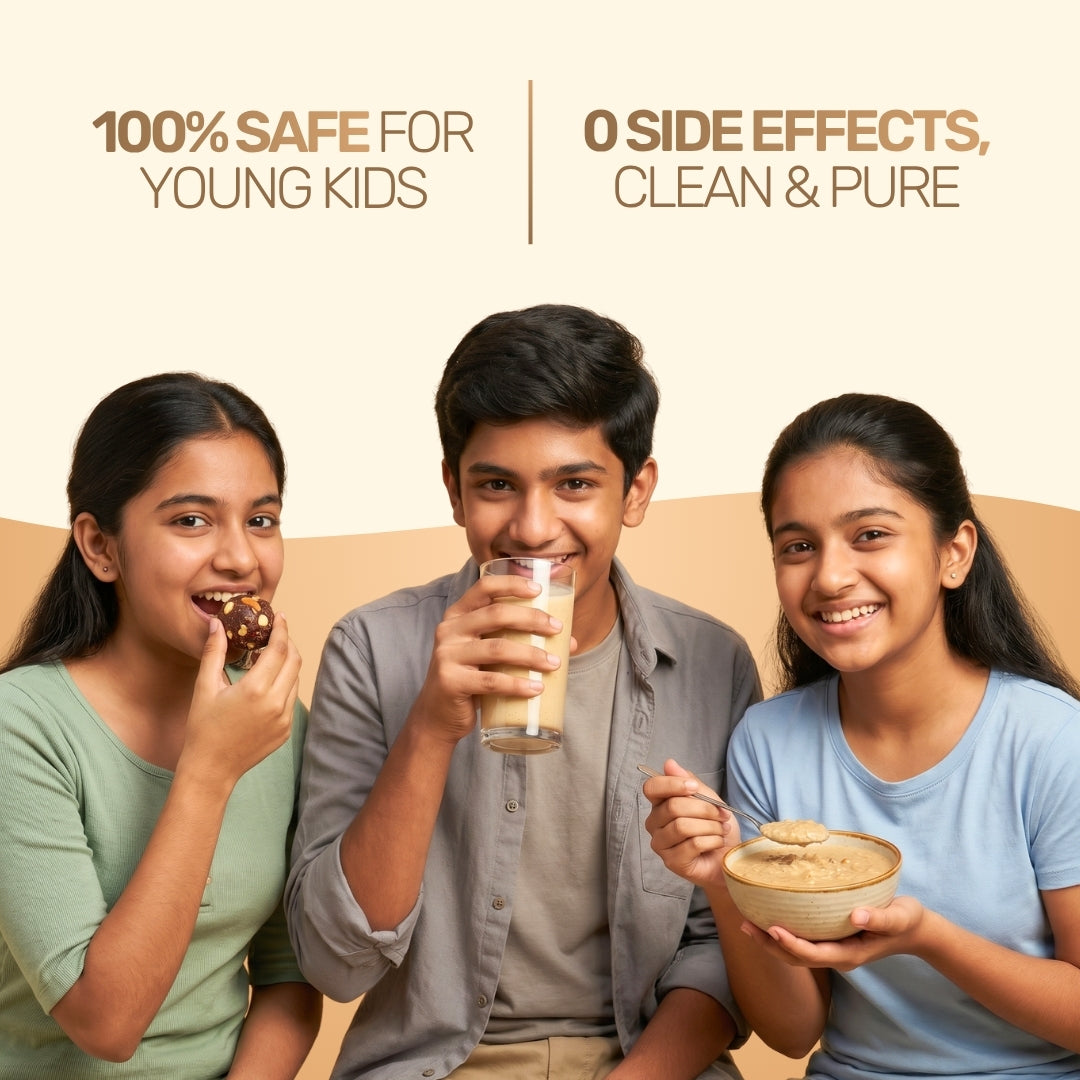 Kids enjoying Aarogya Nutri Mix health drink and porridge made with natural ingredients, safe for children and free from side effects.
