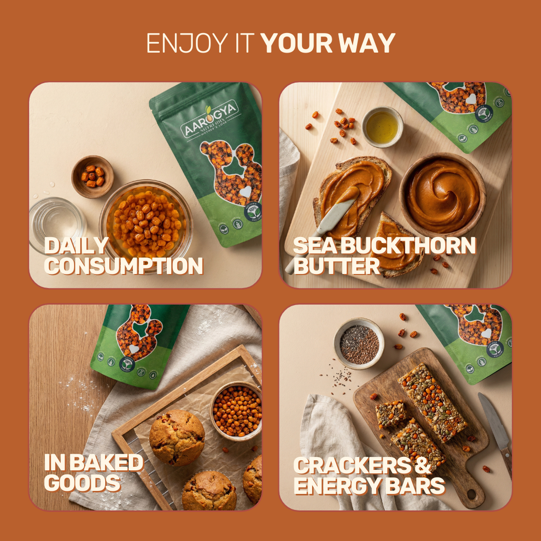 Aarogya Nutri Mix Sea Buckthorn ways to eat – daily consumption, sea buckthorn butter, baked goods, crackers and energy bars