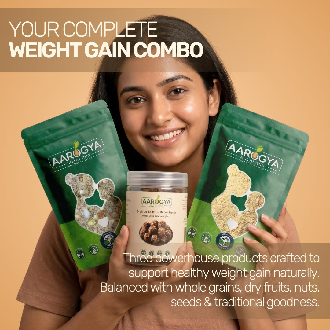 Aarogya Nutri Mix Weight Gain Combo with whole grains, nuts, seeds and dry fruits to support healthy weight gain, strength and nutrition.