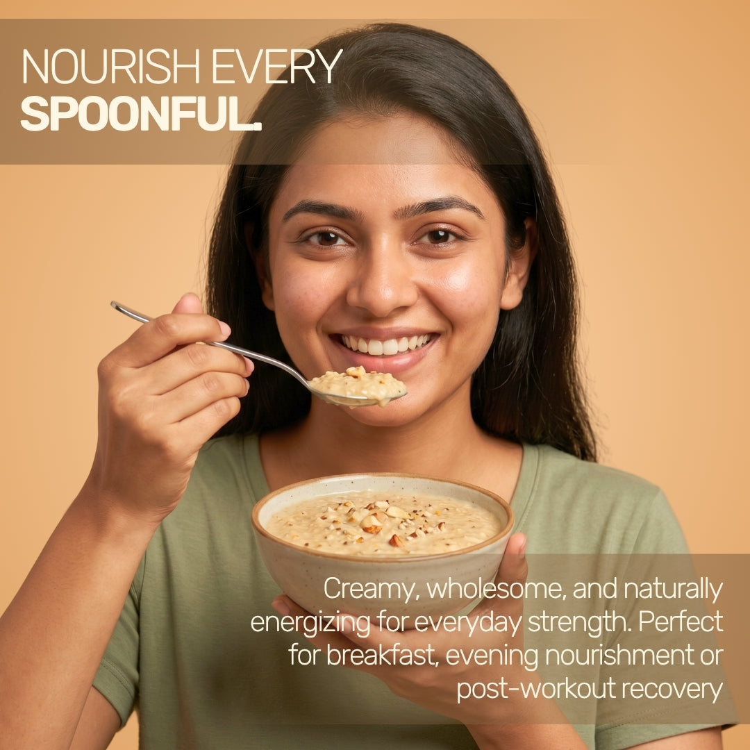 Woman enjoying Aarogya Nutri Mix porridge, a wholesome and nutritious breakfast rich in natural ingredients for daily energy and wellness.