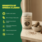 Aarogya Omega 3 Laddu infographic listing benefits: healthy snack option, rich in omega-3, bone and joint health, and no refined sugar.