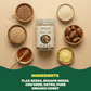Aarogya Omega 3 Laddu jar surrounded by bowls of ingredients: flax seeds, sesame seeds, cow ghee, dates, and pure organic honey.