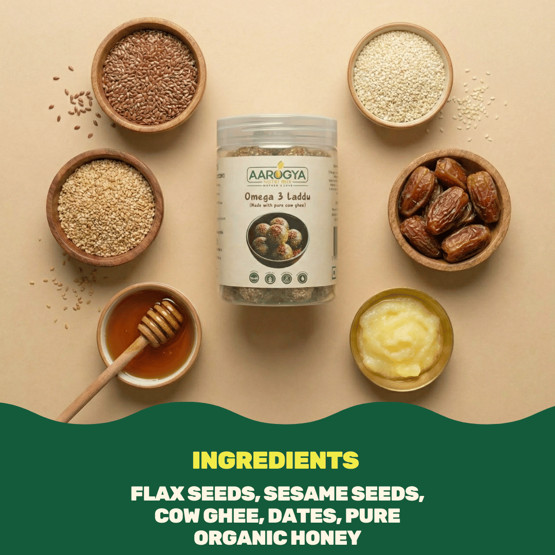 Aarogya Omega 3 Laddu jar surrounded by bowls of ingredients: flax seeds, sesame seeds, cow ghee, dates, and pure organic honey.