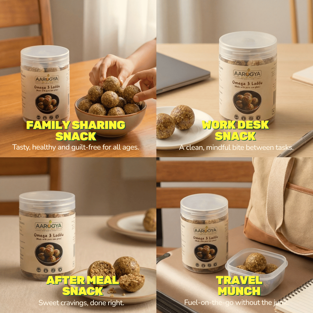 Aarogya Omega 3 Laddu collage showing use cases: family sharing snack, work desk munch, after-meal sweet, and on-the-go travel snack