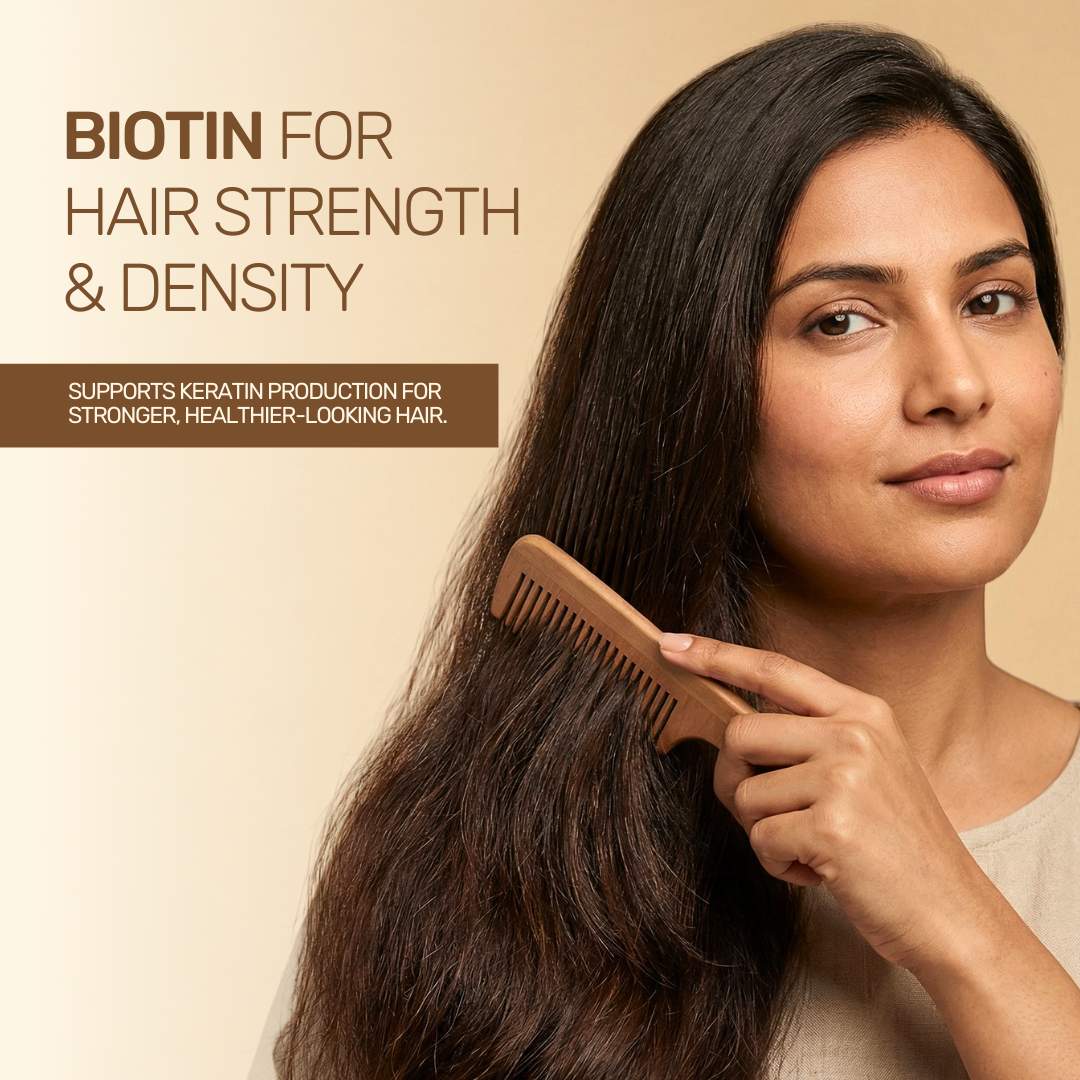 A hair care lifestyle banner for Aarogya showing a woman with thick, healthy hair using a wooden comb for biotin support.