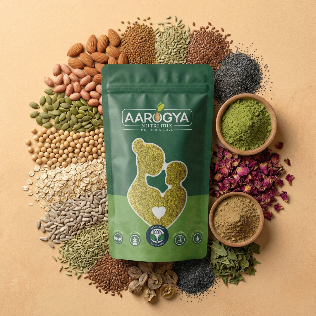 A premium pack of Aarogya plant-based Collagen and Biotin powder crafted from raw seeds, nuts, and rose petals for wellness.