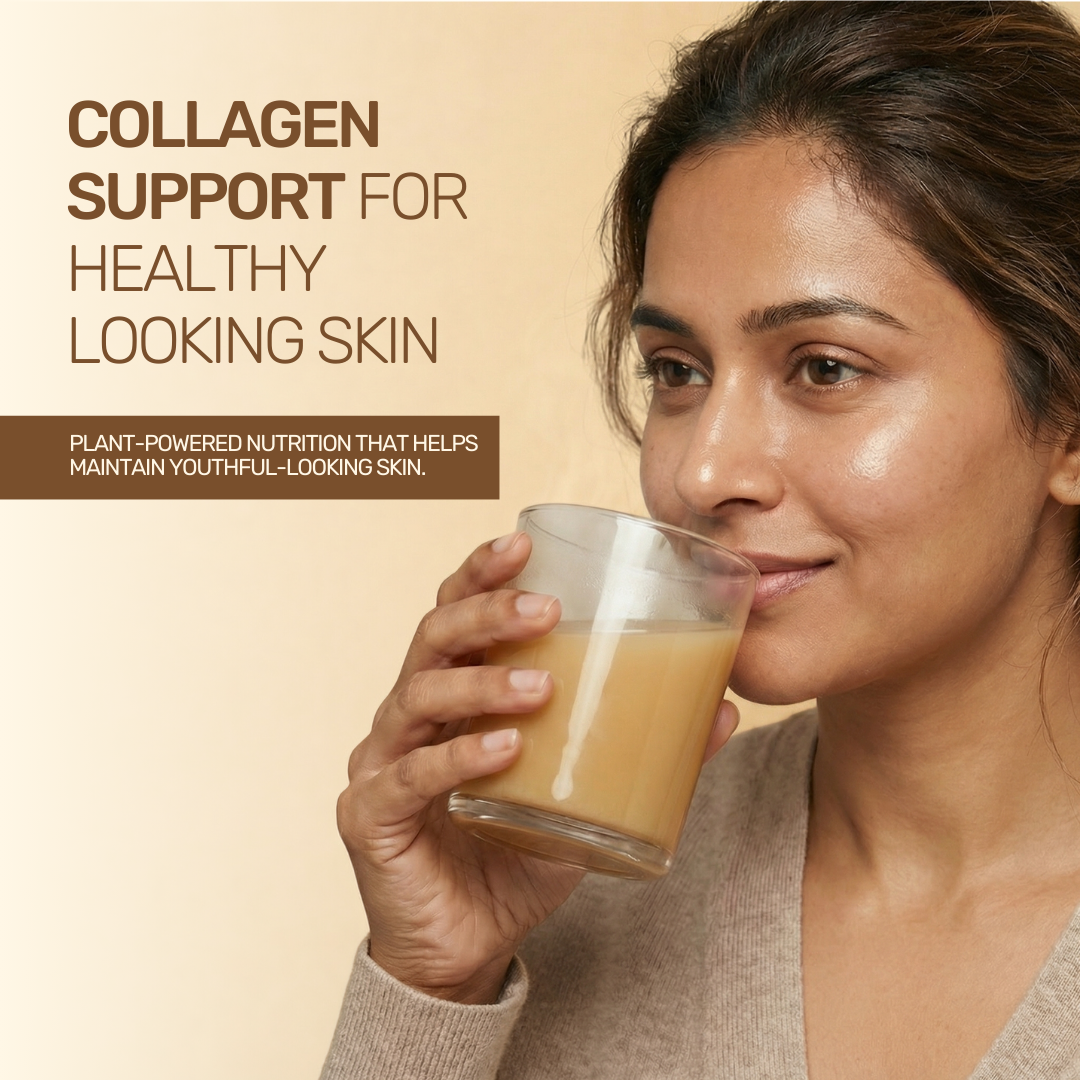 A beauty lifestyle banner for Aarogya showing a woman with glowing skin drinking a glass of plant-powered collagen powder.