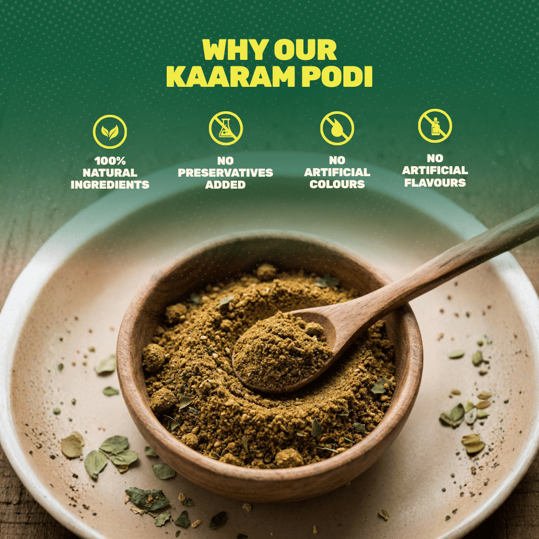 Quality infographic for Aarogya Kaaram Podi showing 100% natural ingredients and no added preservatives.