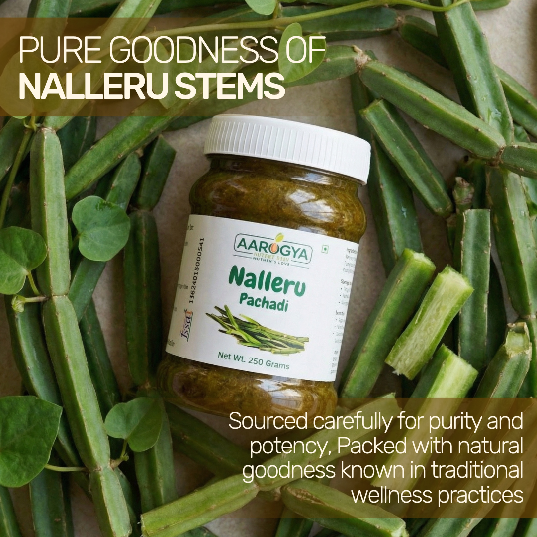 Aarogya Nutrimix Nalleru Pachadi jar placed over fresh harvested Nalleru stems for natural potency and wellness