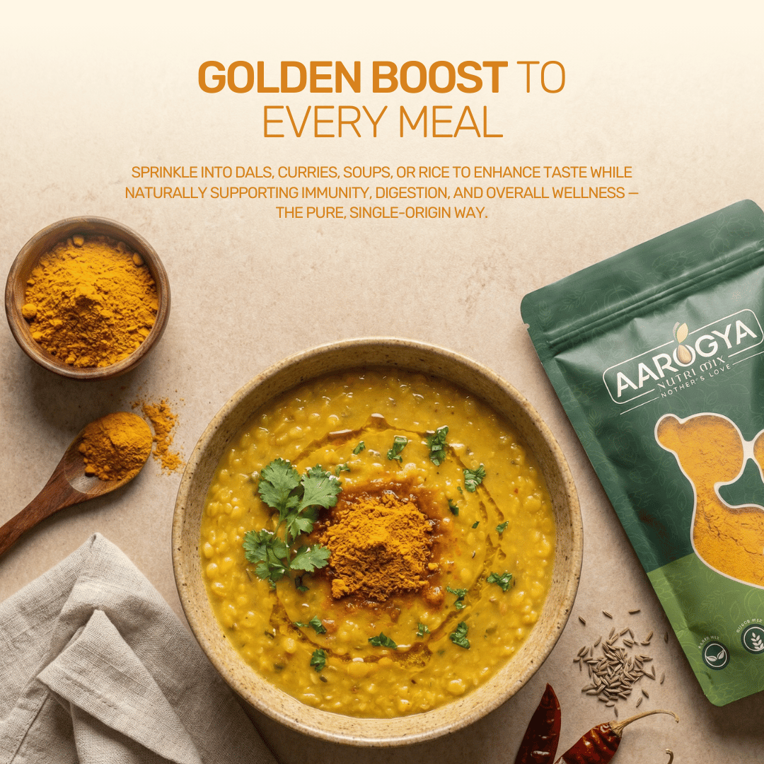 A steaming bowl of dal garnished with Aarogya single-origin turmeric powder, showing how to boost everyday meals naturally.