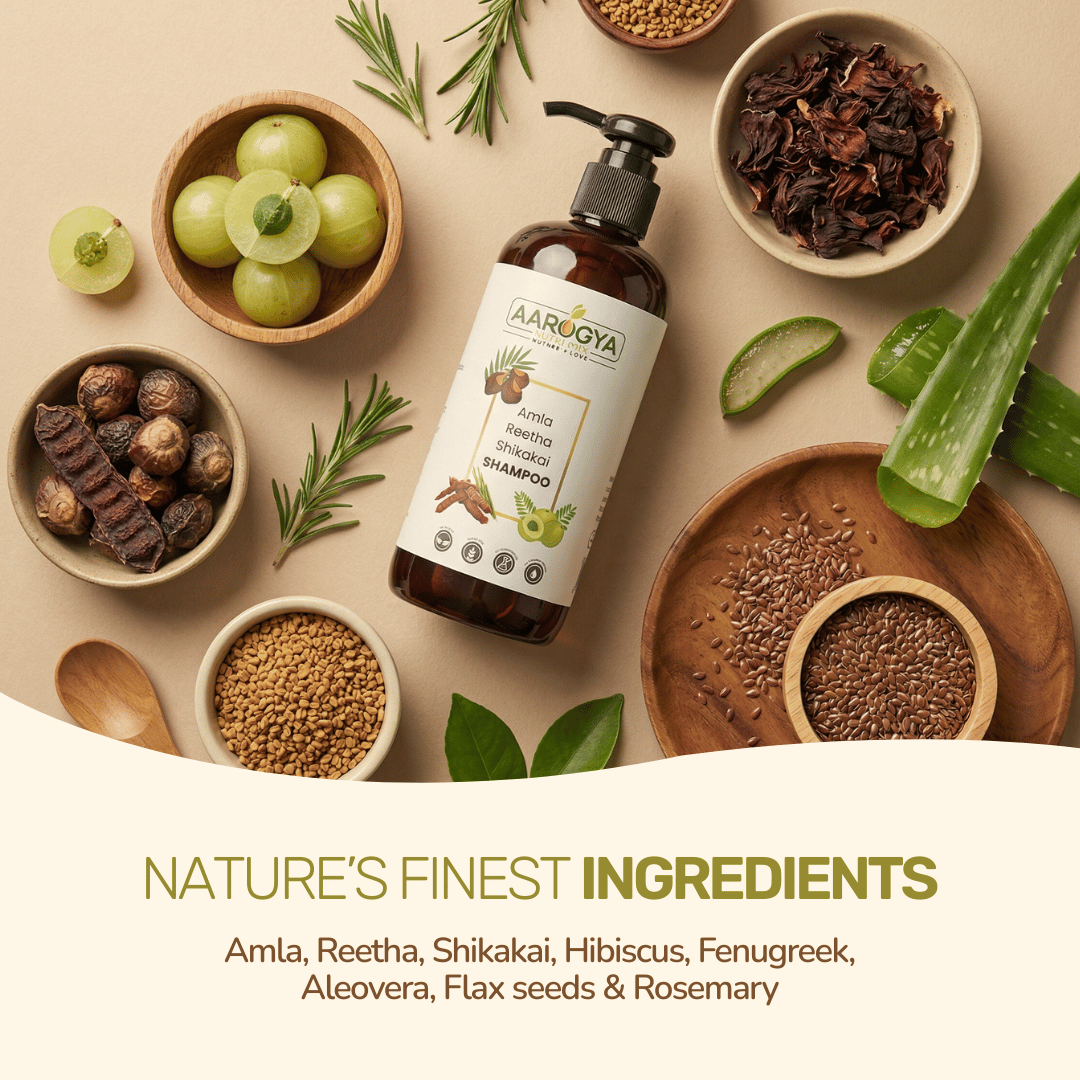 Aarogya Shampoo banner showcasing natural ingredients: Amla, Reetha, Shikakai, Hibiscus, Fenugreek, Aloe vera, Flax seeds, and Rosemary