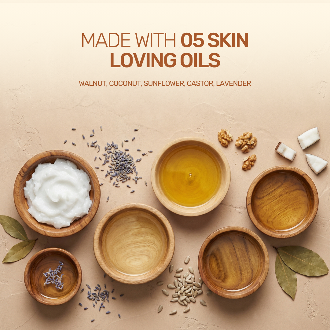 Ingredients infographic for Aarogya soap highlighting walnut, lavender, coconut, and castor oils.