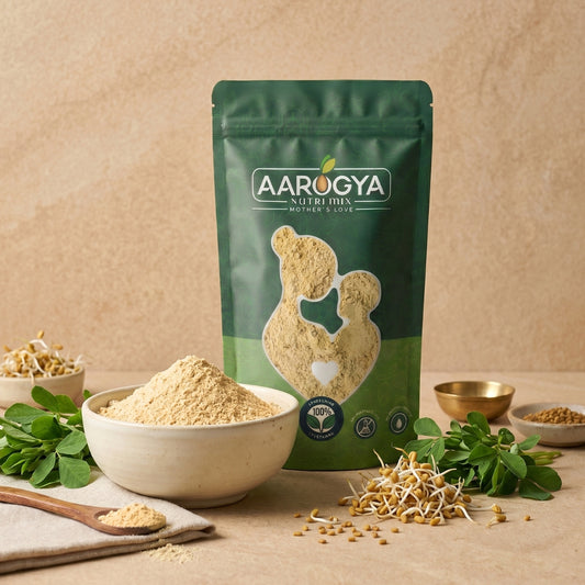 Organic sprouted fenugreek powder with fresh methi sprouts and green leaves, ideal for blood sugar management and hair growth