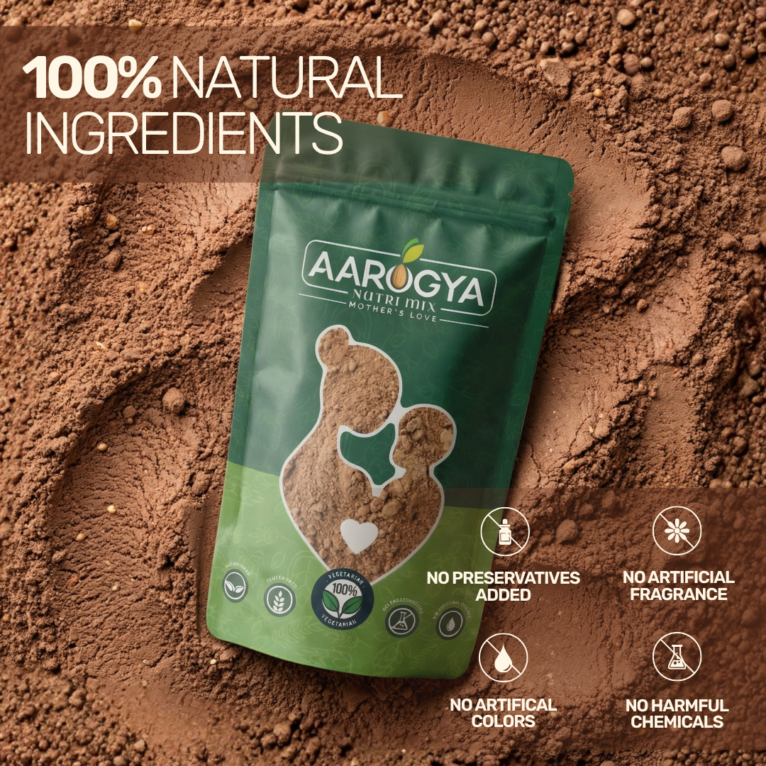 Green pouch of 100% natural Aarogya Nutrimix Sprouted Ragi Choco Malt over rich cocoa powder with zero preservatives or artificial colors.