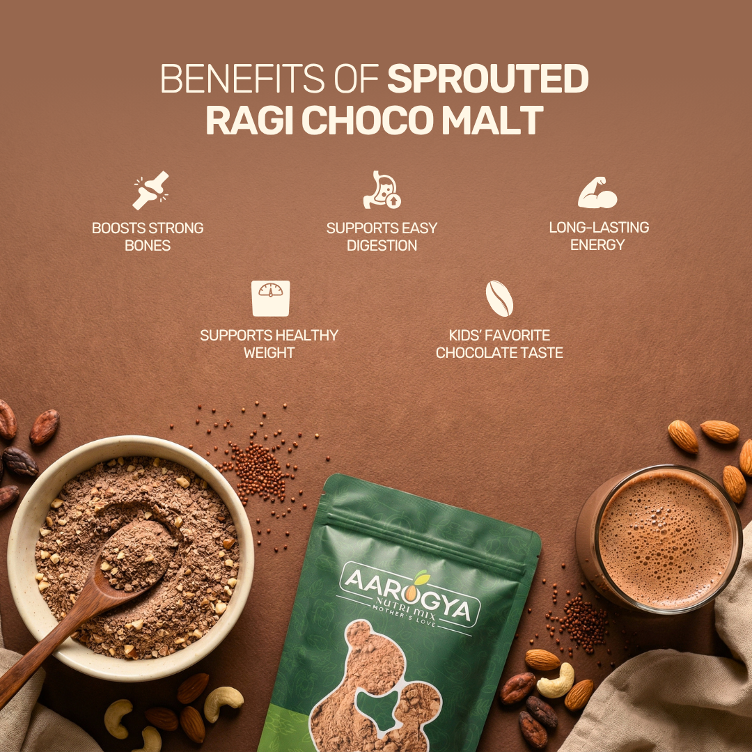 Health benefits graphic for Aarogya Nutrimix Sprouted Ragi Choco Malt highlighting bone strength, digestion, energy, and kid-friendly taste.