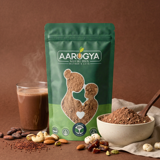 Healthy sprouted ragi choco malt mix served with almonds, cashews, dates, and makhana as a nutritious chocolate health drink for kids.