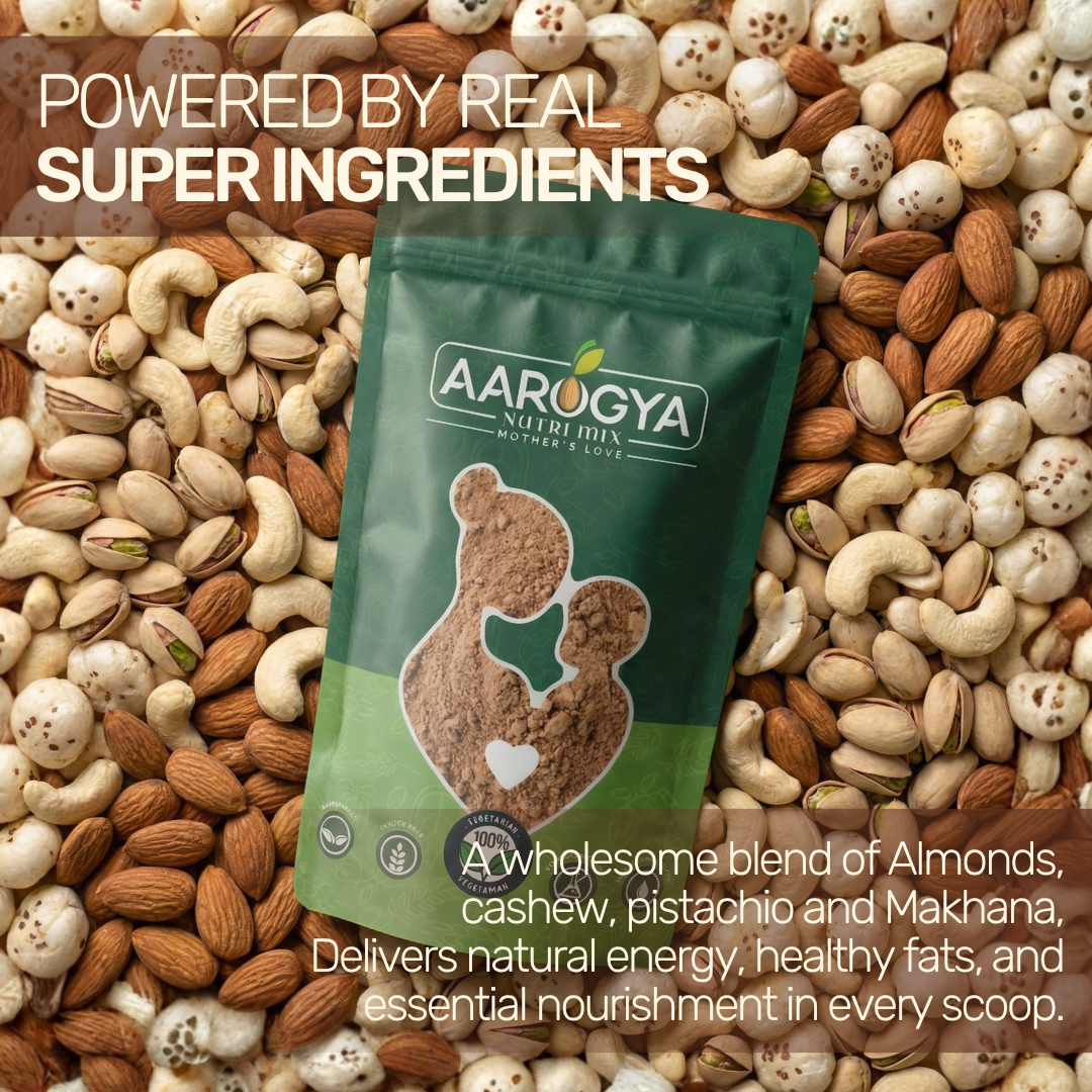 Aarogya Nutrimix Sprouted Ragi Choco Malt resting on a bed of real super ingredients like almonds, cashews, pistachios, and makhana.