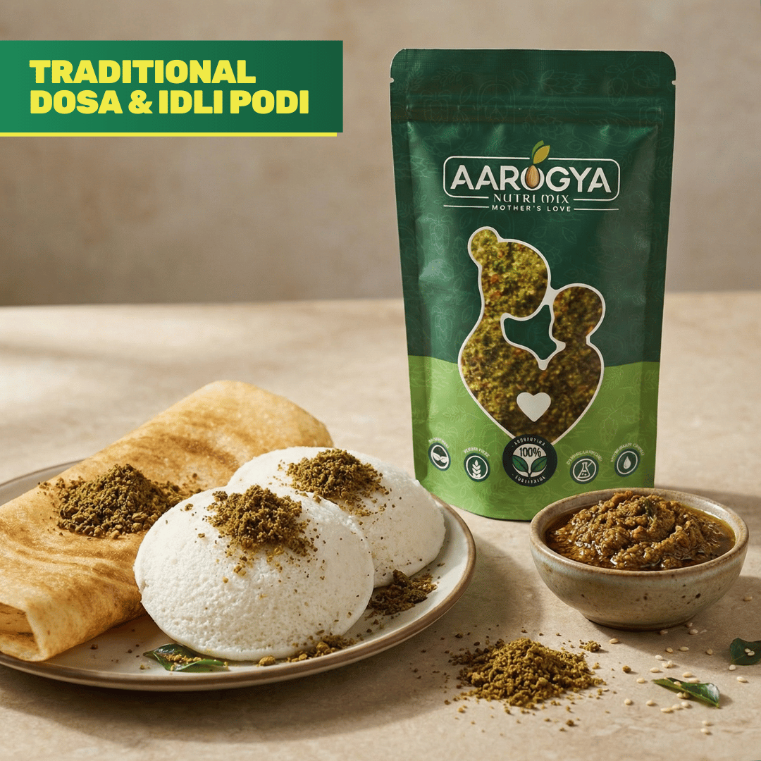 Aarogya Idli Podi pouch next to a plate of fresh idlis and dosa sprinkled with savory spice powder.