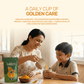 A mother pouring warm golden turmeric milk for her son, showing how Aarogya turmeric is used for family immune support.