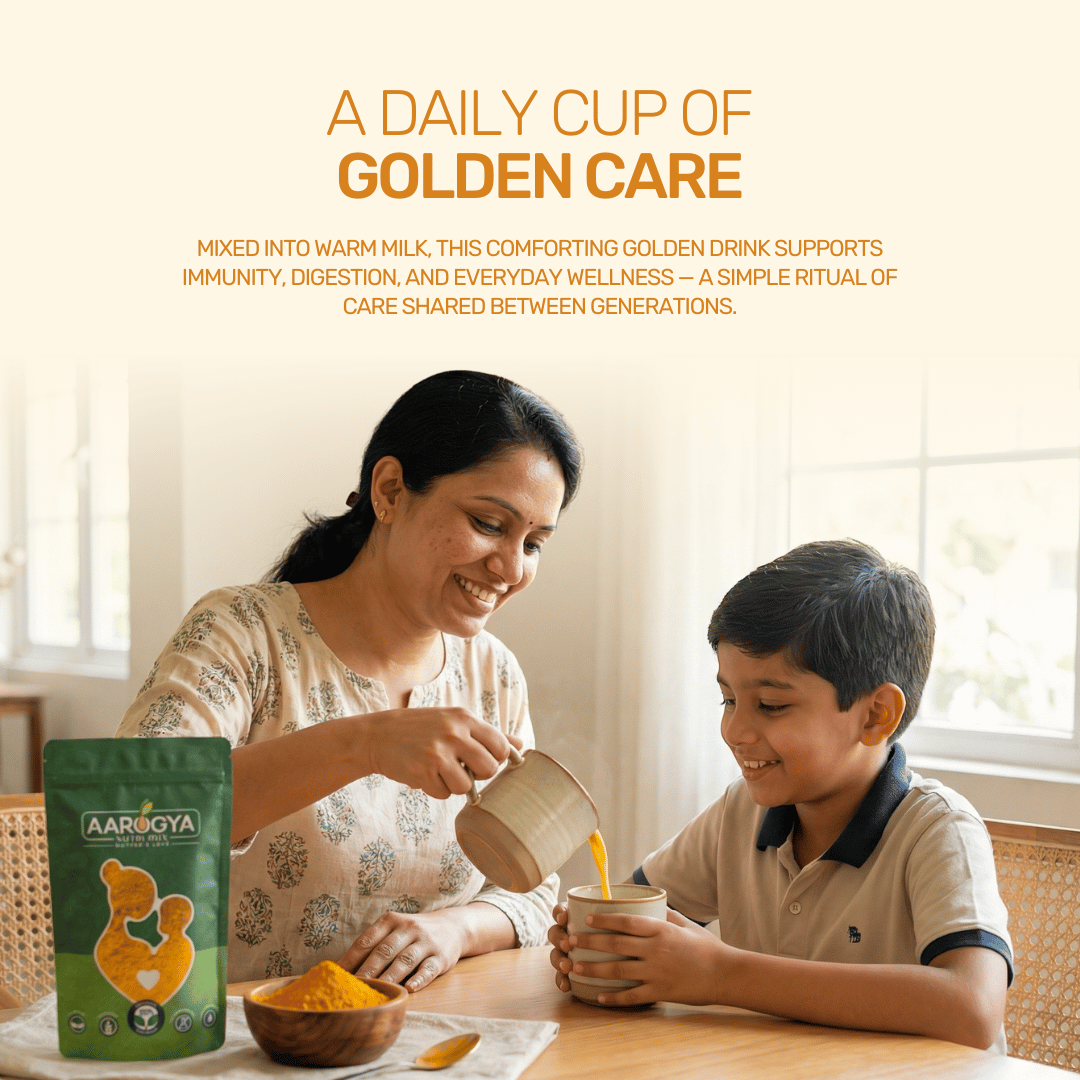A mother pouring warm golden turmeric milk for her son, showing how Aarogya turmeric is used for family immune support.