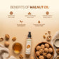 Benefits of Aarogya Nutrimix walnut oil infographic highlighting omega-3 rich care, scalp health, and antioxidants.