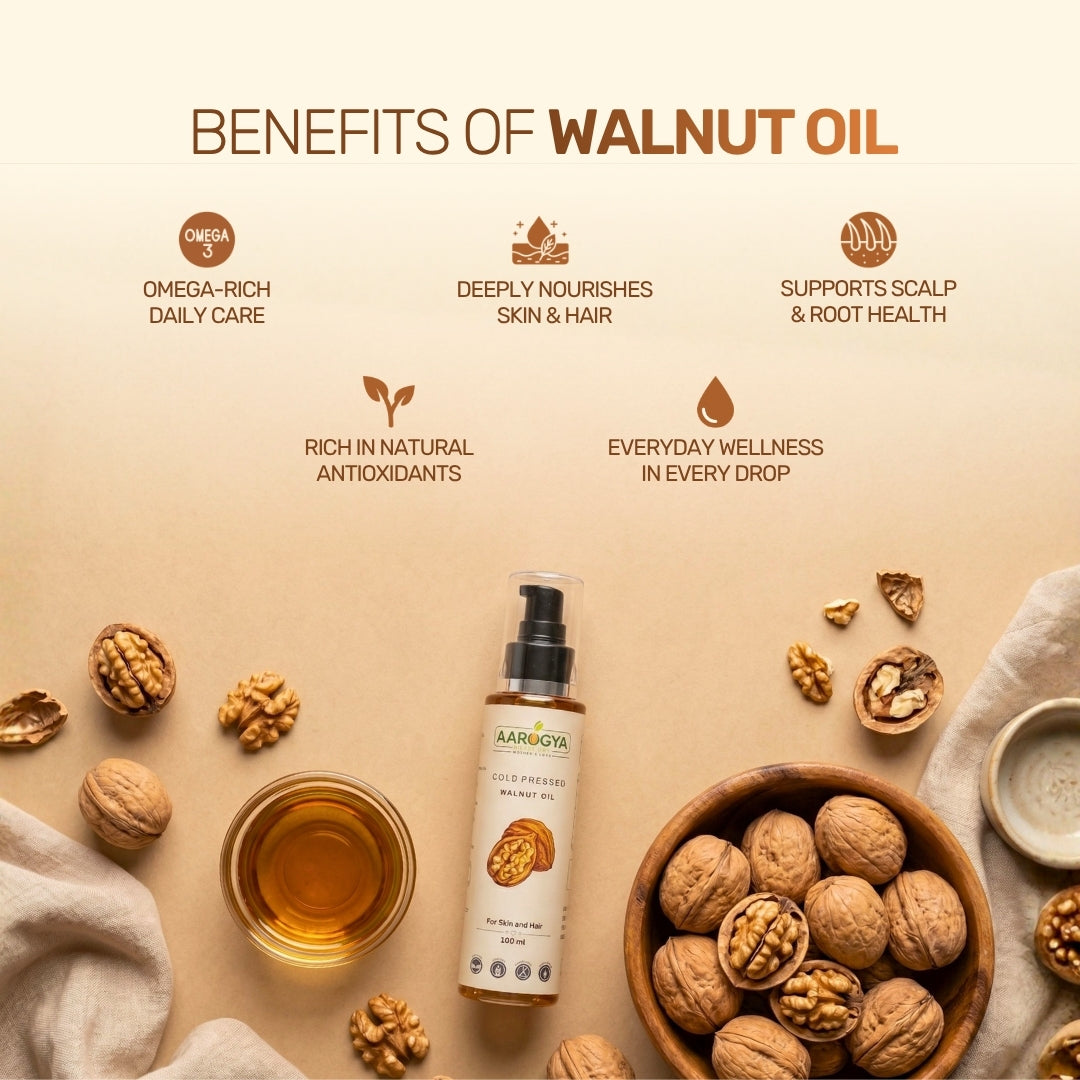 Benefits of Aarogya Nutrimix walnut oil infographic highlighting omega-3 rich care, scalp health, and antioxidants.
