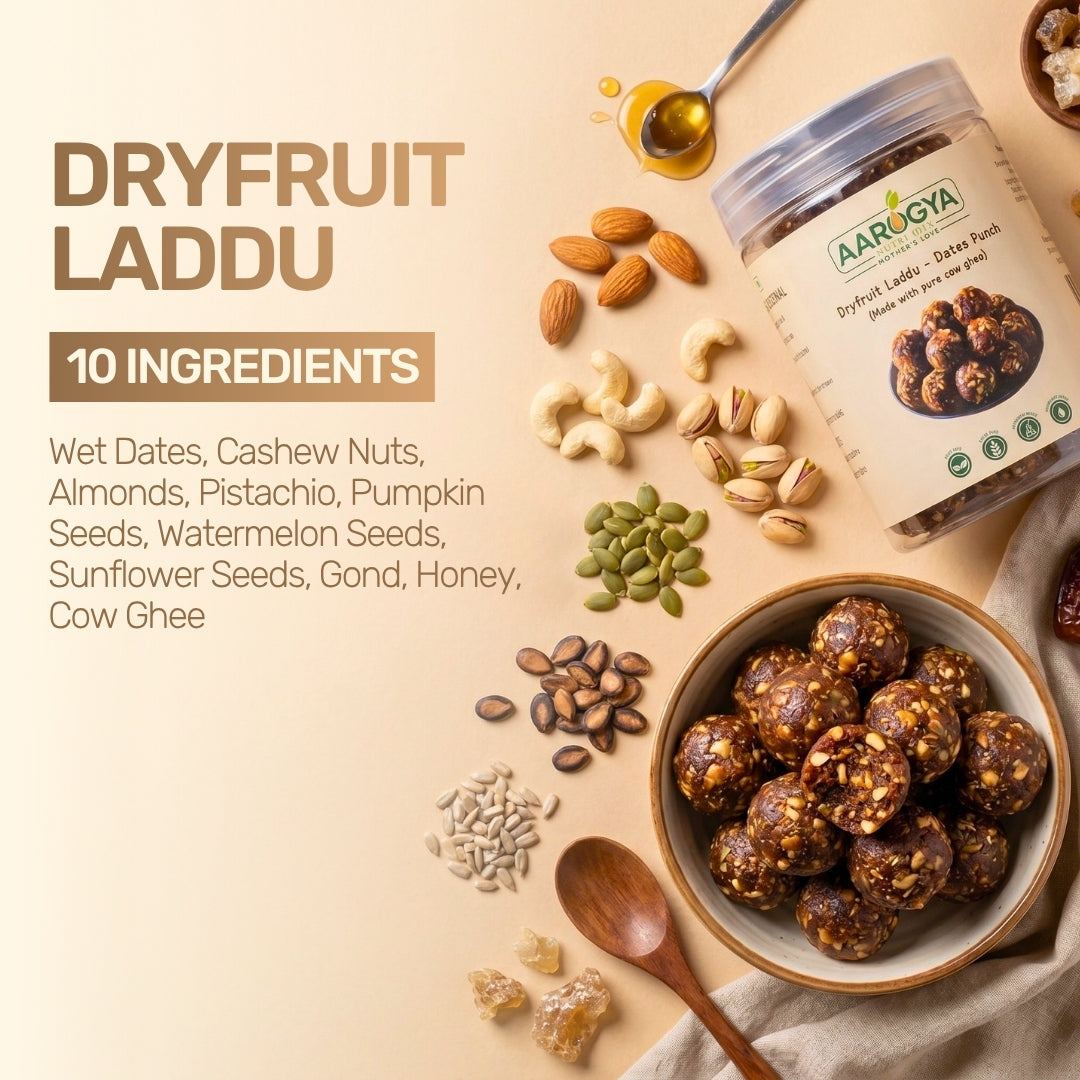 Aarogya weight gain porridge mix bowl surrounded by ingredients like nuts, seeds, and dates next to green packaging