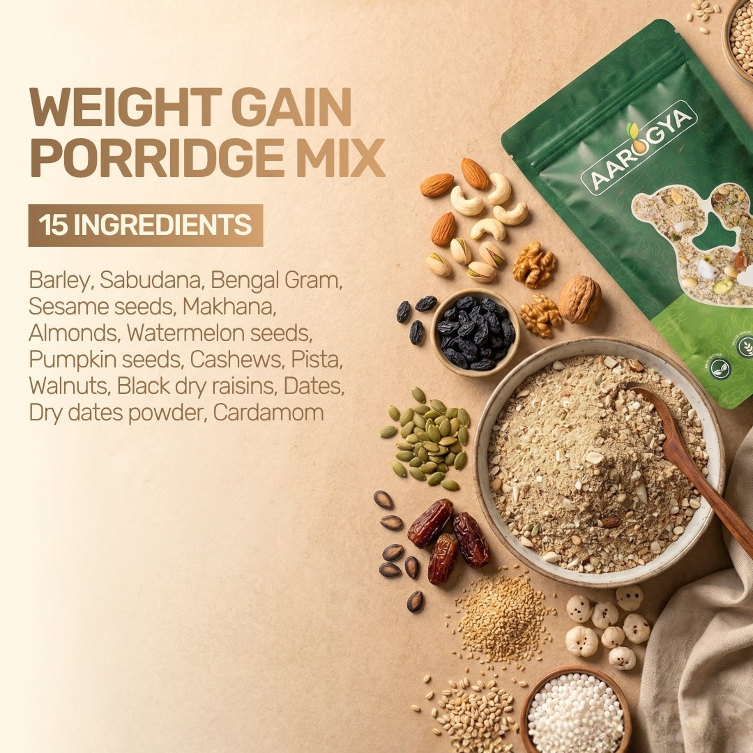 Aarogya weight gain porridge mix bowl surrounded by ingredients like nuts, seeds, and dates next to green packaging.
