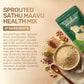 Aarogya weight gain porridge mix bowl surrounded by ingredients like nuts, seeds, and dates next to green packaging.