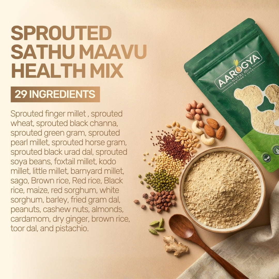 Aarogya weight gain porridge mix bowl surrounded by ingredients like nuts, seeds, and dates next to green packaging.