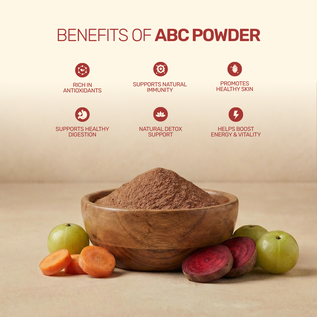 ABC health powder benefits chart shown with fresh green gooseberries, sliced beetroot, and carrots.