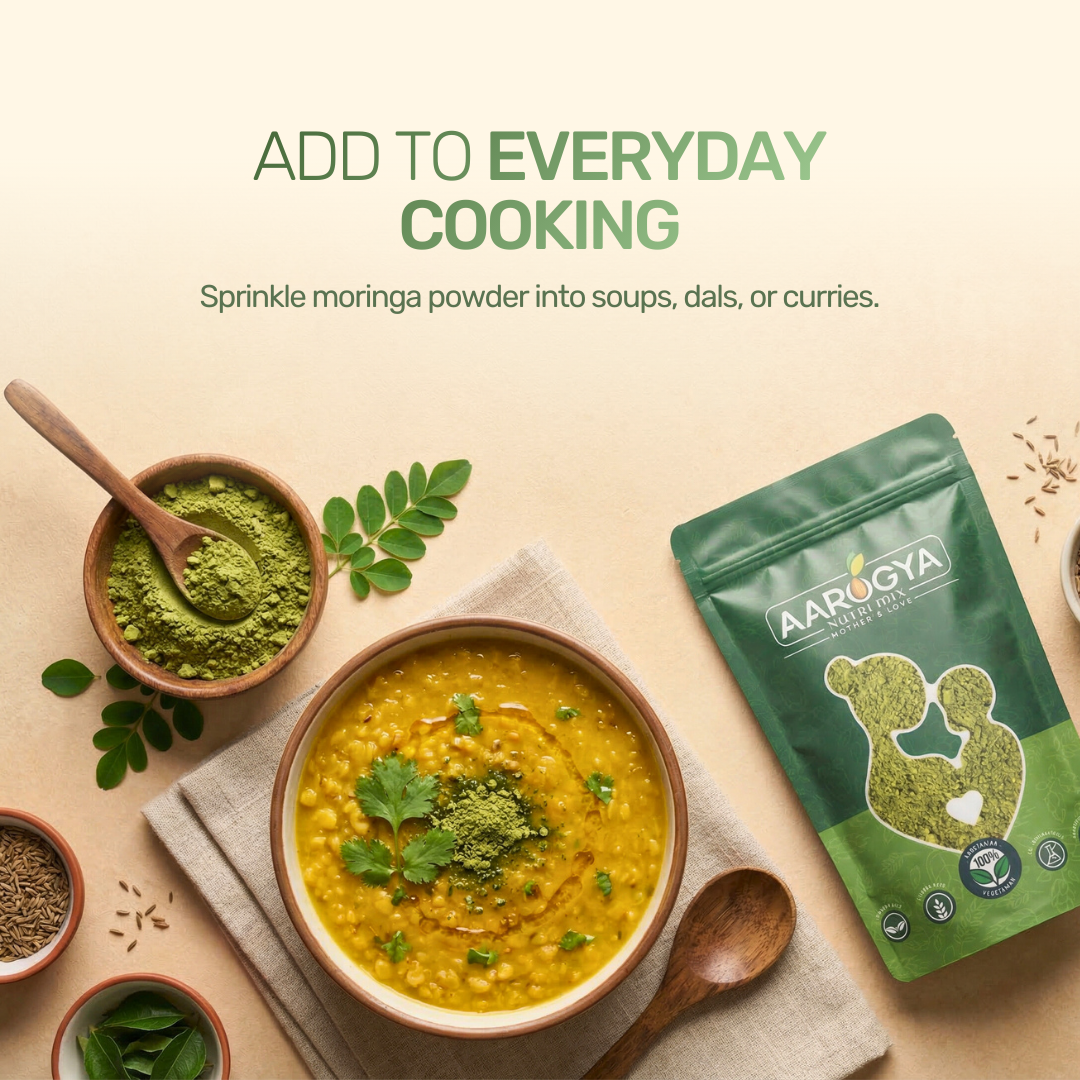 A bowl of yellow dal topped with moringa powder alongside a text tip to sprinkle it into soups, dals, or curries