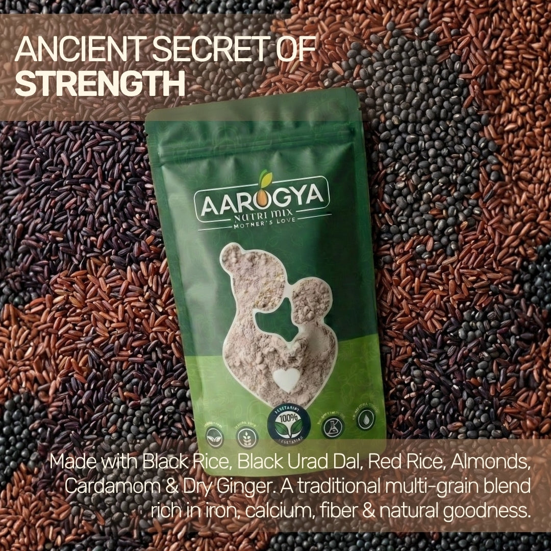 Aarogya porridge mix pouch placed over raw black rice and urad dal grains, highlighting a traditional recipe