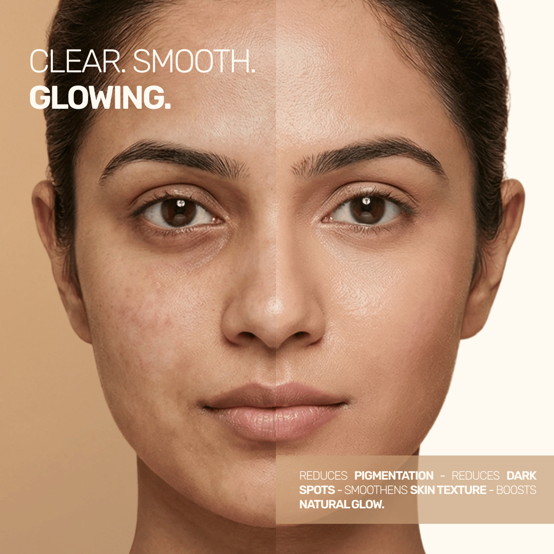 Split-face infographic demonstrating product results on pigmentation, dark spots, and skin texture.