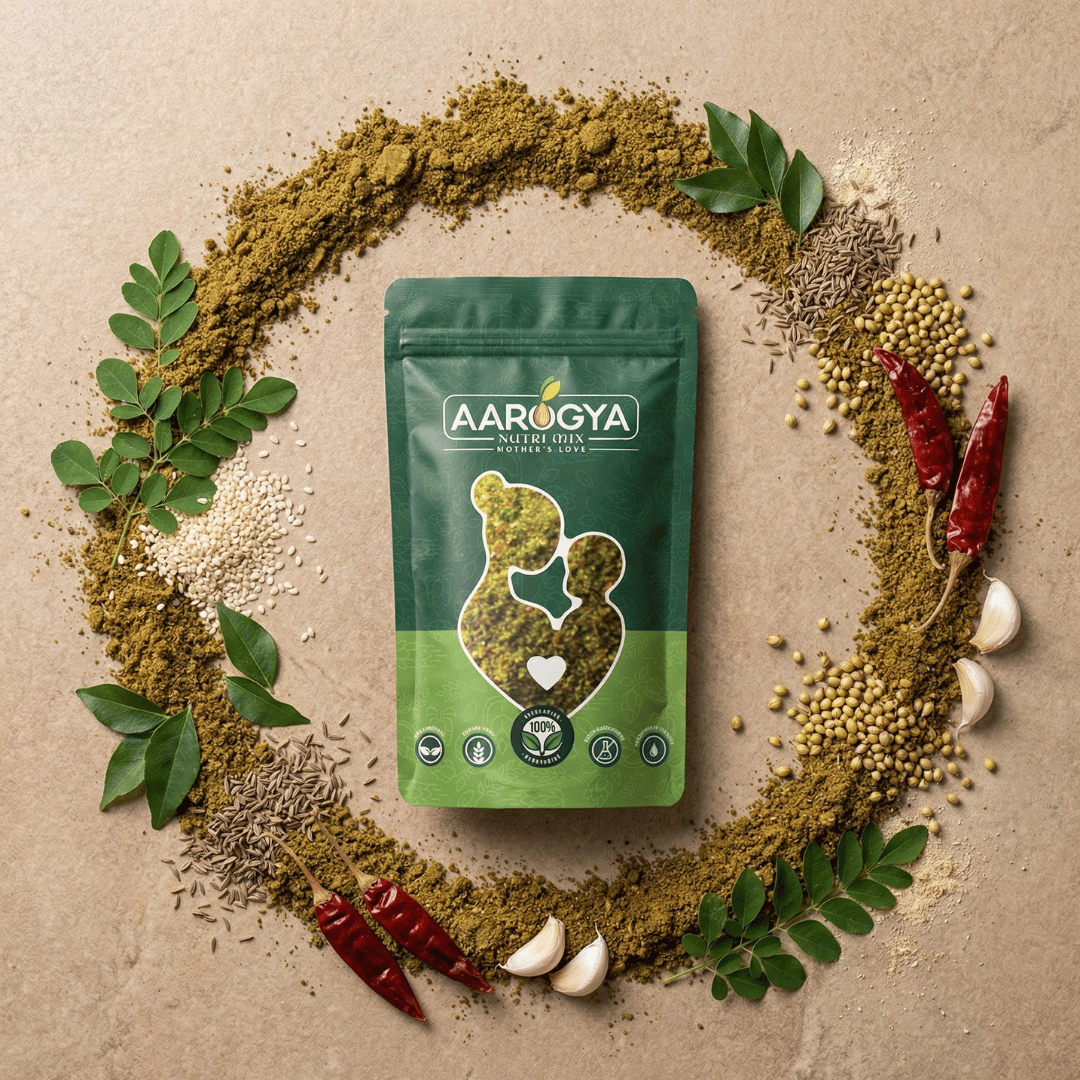 Aarogya spice pouch framed by raw curry leaves, cumin seeds, garlic, and red chillies.