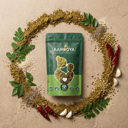 Aarogya spice pouch framed by raw curry leaves, cumin seeds, garlic, and red chillies.