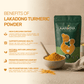 Infographic listing benefits of Aarogya Lakadong turmeric powder like immune health, digestive comfort, and high curcumin.