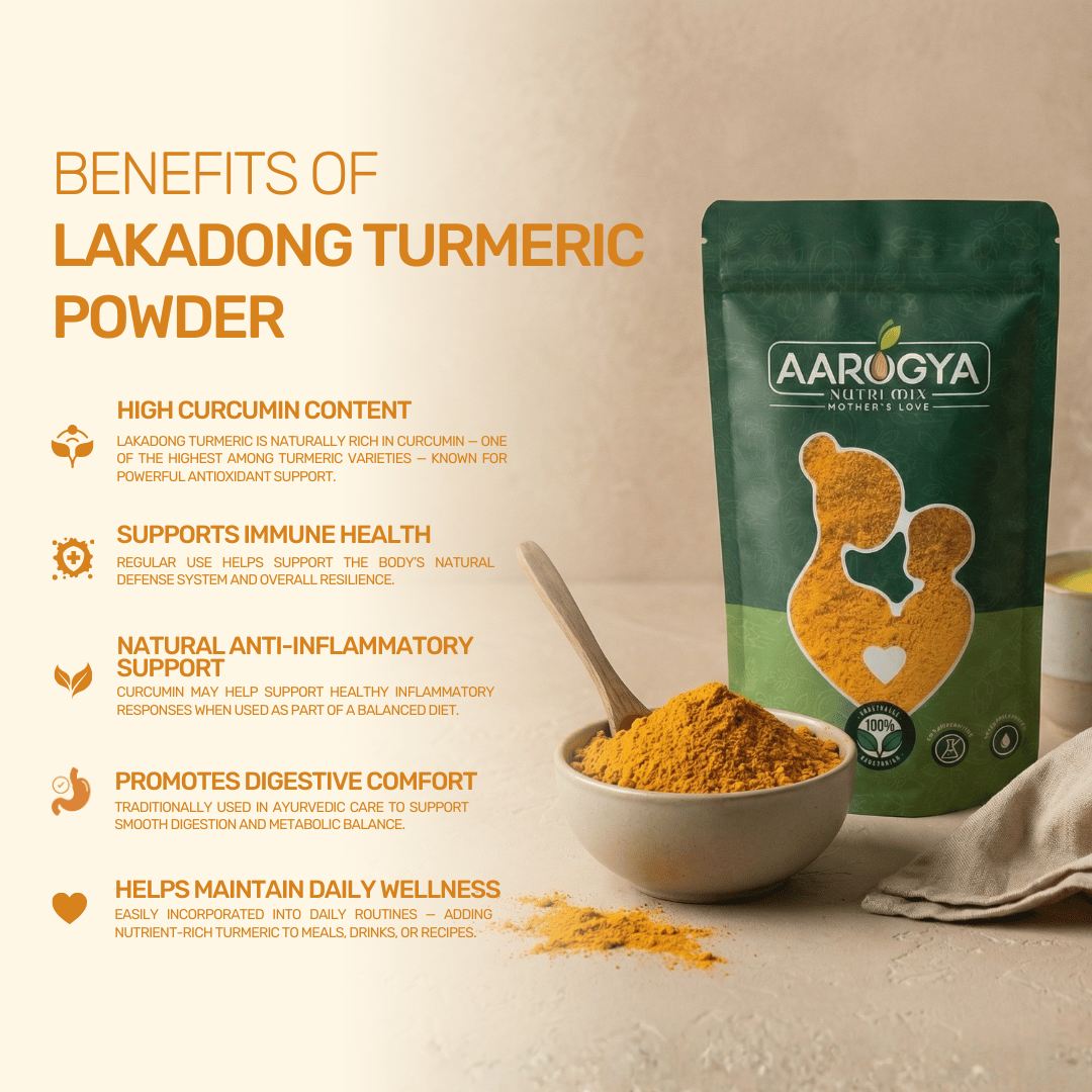 Infographic listing benefits of Aarogya Lakadong turmeric powder like immune health, digestive comfort, and high curcumin.